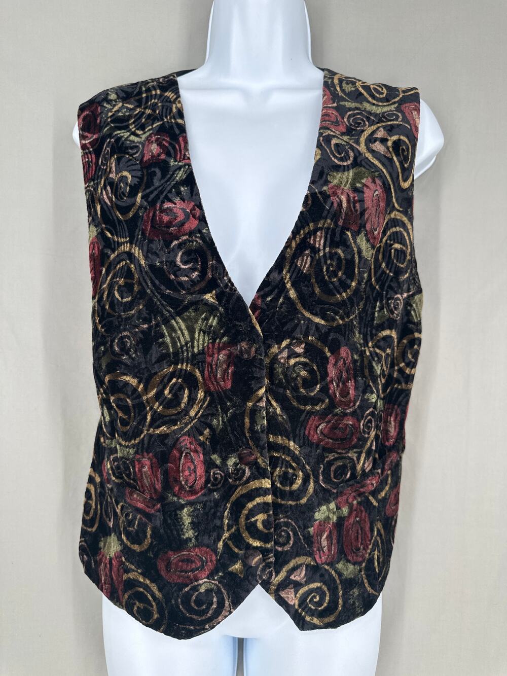 90s Vintage Vest Womens Medium Black Velvet Abstract Print Artsy Dark Whimsigoth